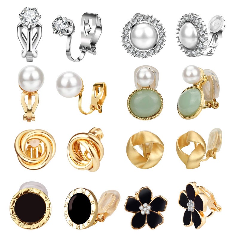 Hicdaw 8 Pairs Clip On Earrings for Women Non Pierced Earrings Rose Flower CZ Pearl Twist Knot Jewelry Clip on Earrings Sets Hypoallergenic Earrings for Women - Image 1